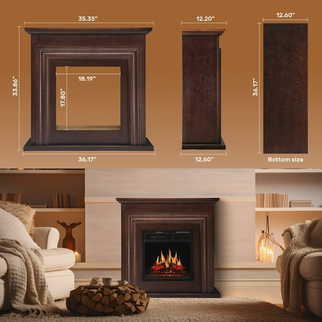 Auseo Electric Fireplace Mantel Wooden Surround Firebox, Free Standing Fireplace, with Remote Control, Adjustable LED Flame, 750W/1500W -（Brown）