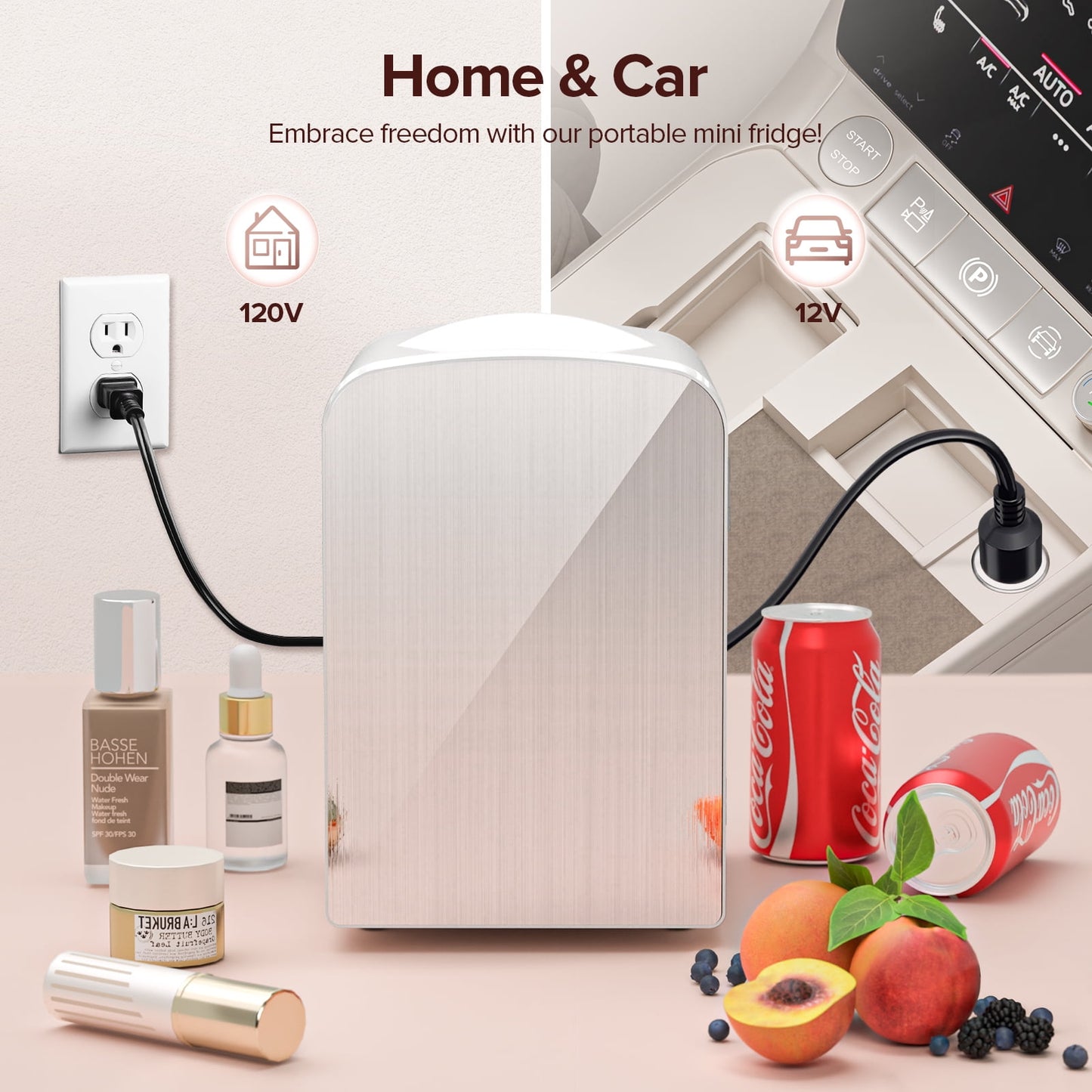 Auseo Mini Fridge Cooler Personal, Countertop, 4L/6 Cans, Warmer & Cooler, Front Door Stainless Steel, Fridge Magnet(Freebies), Option for Skincare, Makeup, Drinks, Dorm Room, Elegant White