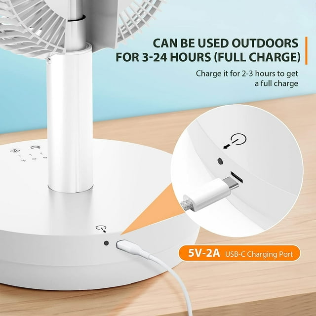 Auseo Foldable Fan, Oscillating Fan, 10 Speeds, Remote Control, Rechargeable Portable Table Fan, for Home\Camping\Office, White