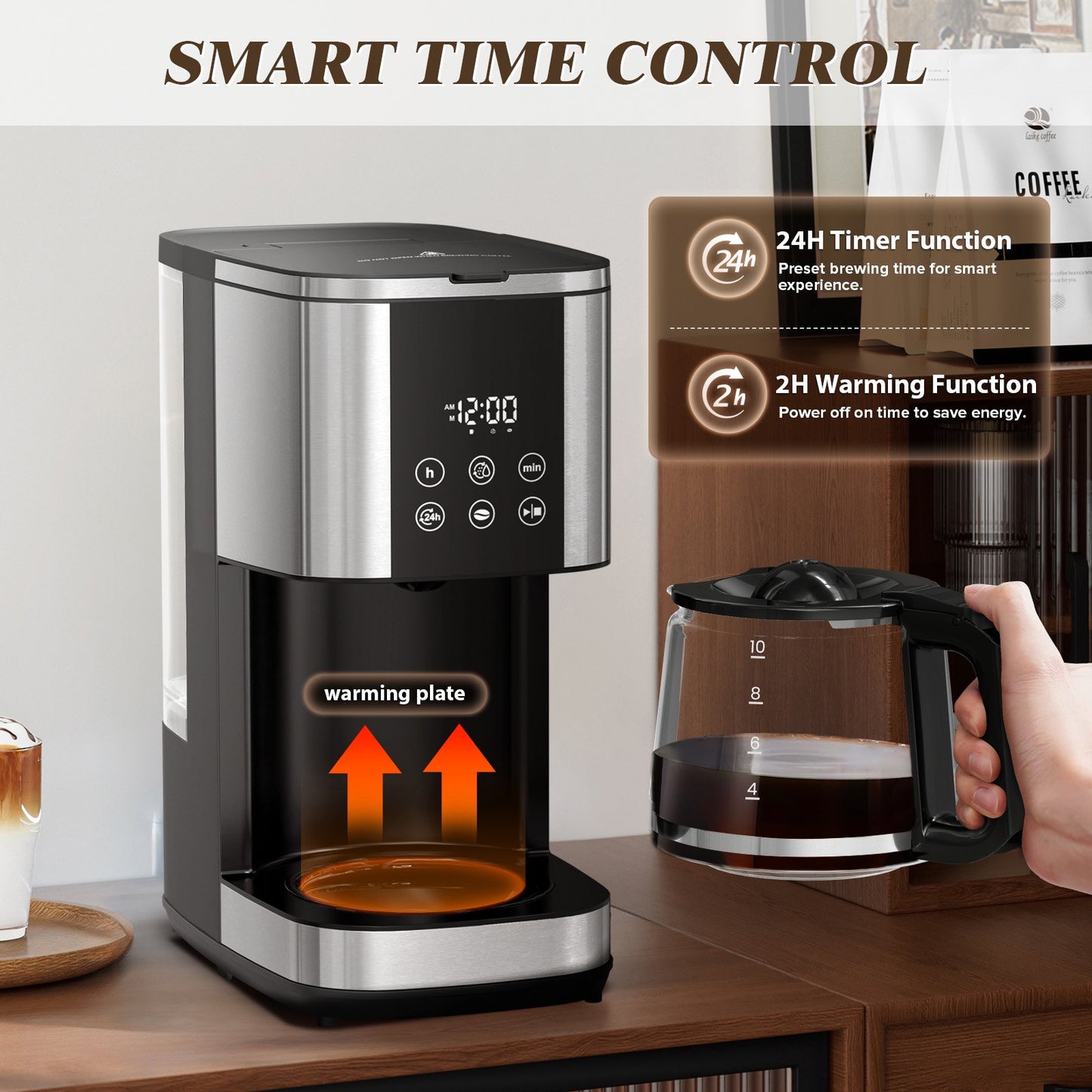 Auseo 10-Cups Programmable Drip Coffee Maker with Glass Carafe, 2 Coffee Strength Options, Time Control, Warming Function for Home