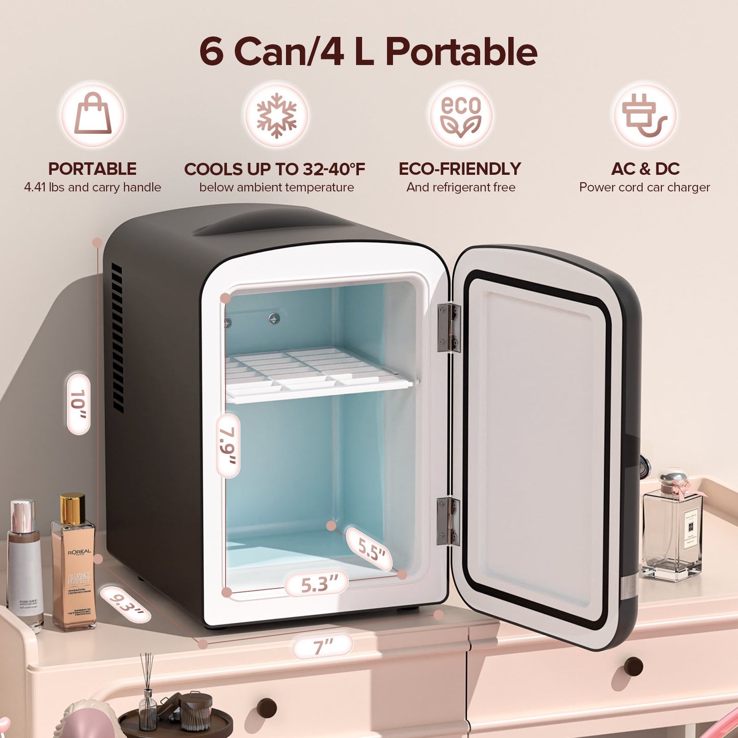 Auseo Mini Fridge Personal Beauty Refrigerator, 4 Liter, Includes Plugs for Home Outlet & DC Charger, Dorm, Bedroom, Table Top Beverage Cooler for Drinks, Soda, Wine - Black