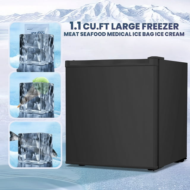 Auseo 1.1 Cu.ft Compact Upright Freezer with Reversible Single Door, Removable Shelves Free Standing Mini Freezer with Adjustable Thermostat for Home/Kitchen/Office-Black