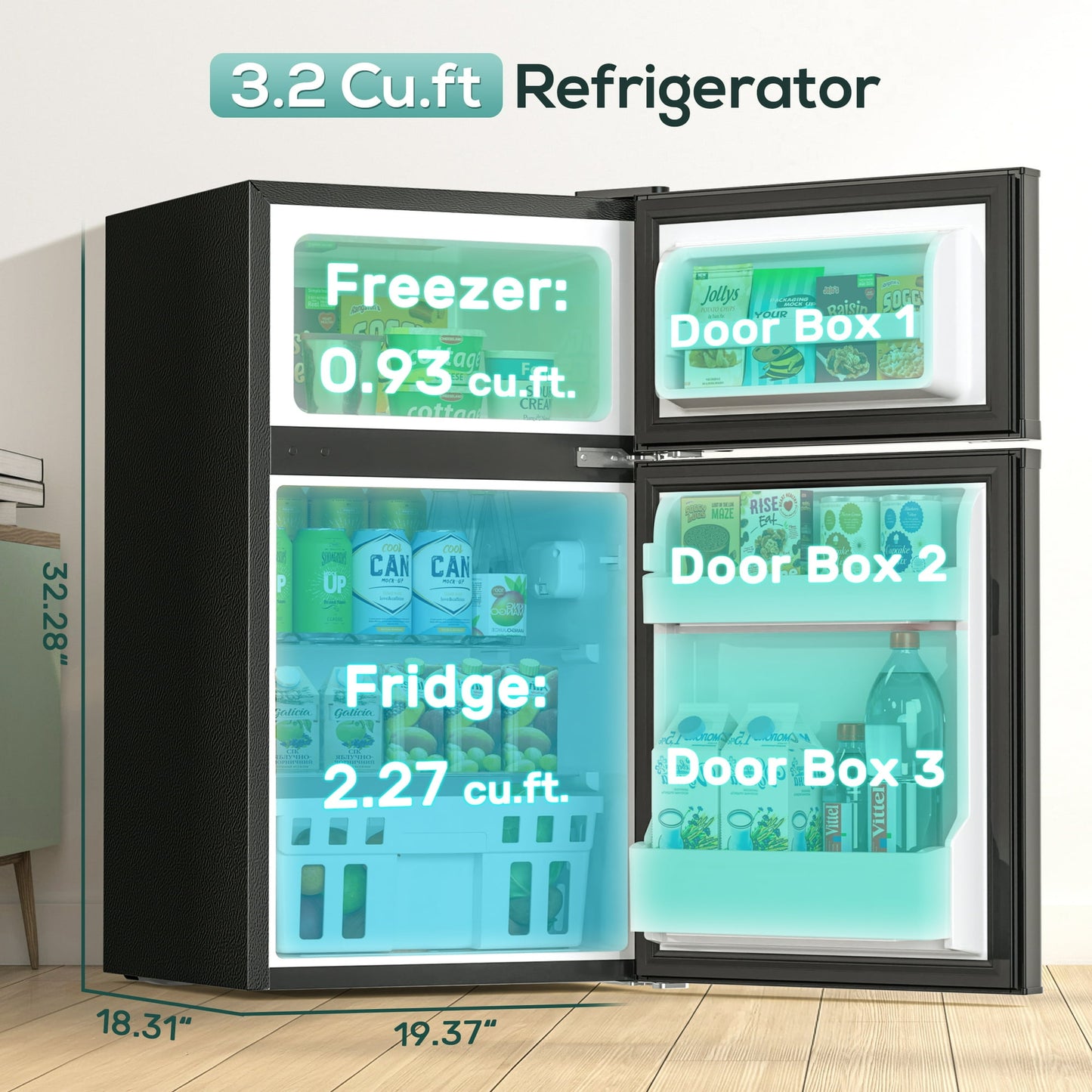 Auseo 3.1 Cu.Ft Double Door Mini Fridge with Freezer, Compact Retro Refrigerator for Dorm, Office, Bar, Bedroom, Black