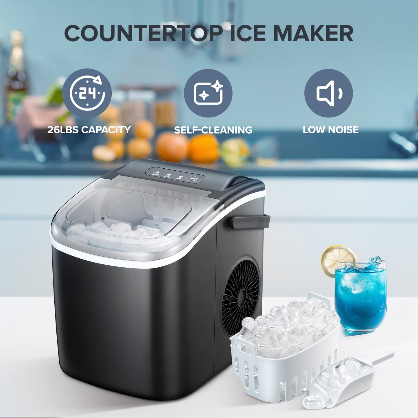 Auseo Countertop Ice Maker 26lbs/24H, 9 Bullet Ice Make in 6 Mins, Portable Ice Machine with Self-Cleaning, Black