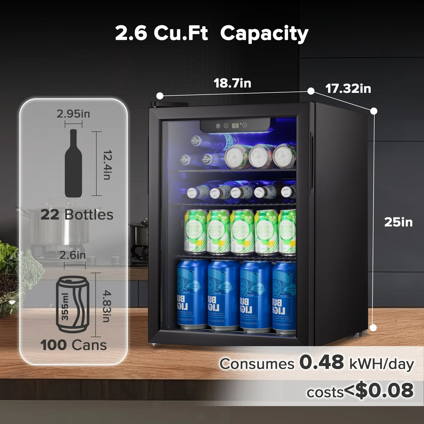 100-Can Beverage Refrigerator with Double Glass Door, Energy Efficient Wine Cooler Mini Fridge, Air Cooled Frost Free for Home/Office/Bar