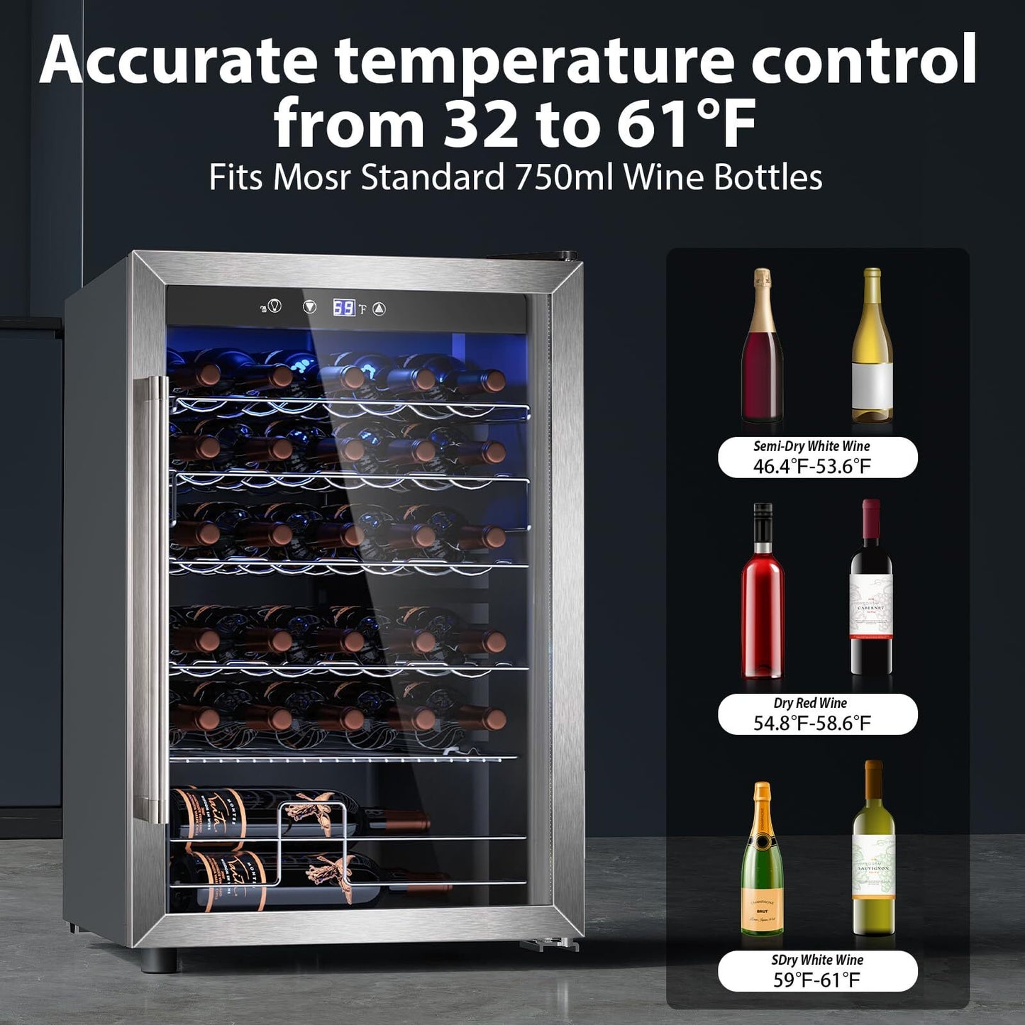 Auseo 4.5 Cu.Ft Wine Cooler Refrigerator, 36 Bottle Freestanding Cabinet Wine Cellars,Wine Fridge With Reversible Double Pane Glass Door For Kitchen,Office