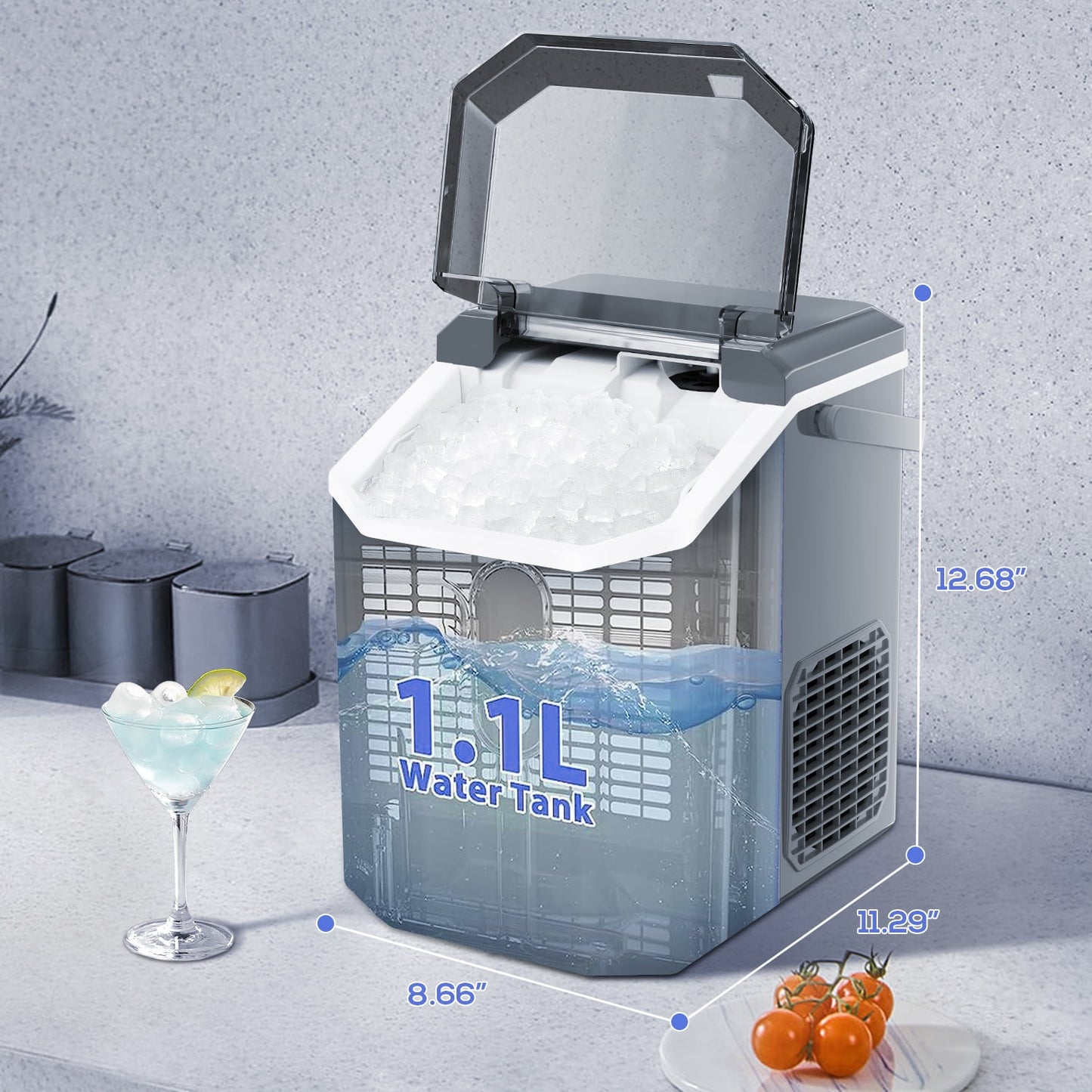 Auseo Nugget Ice Maker Countertop with Soft Chewable Pellet Ice, Portable Ice Machine with Handle, 35lbs/24H, for Kitchen/Office/Party (Gray)