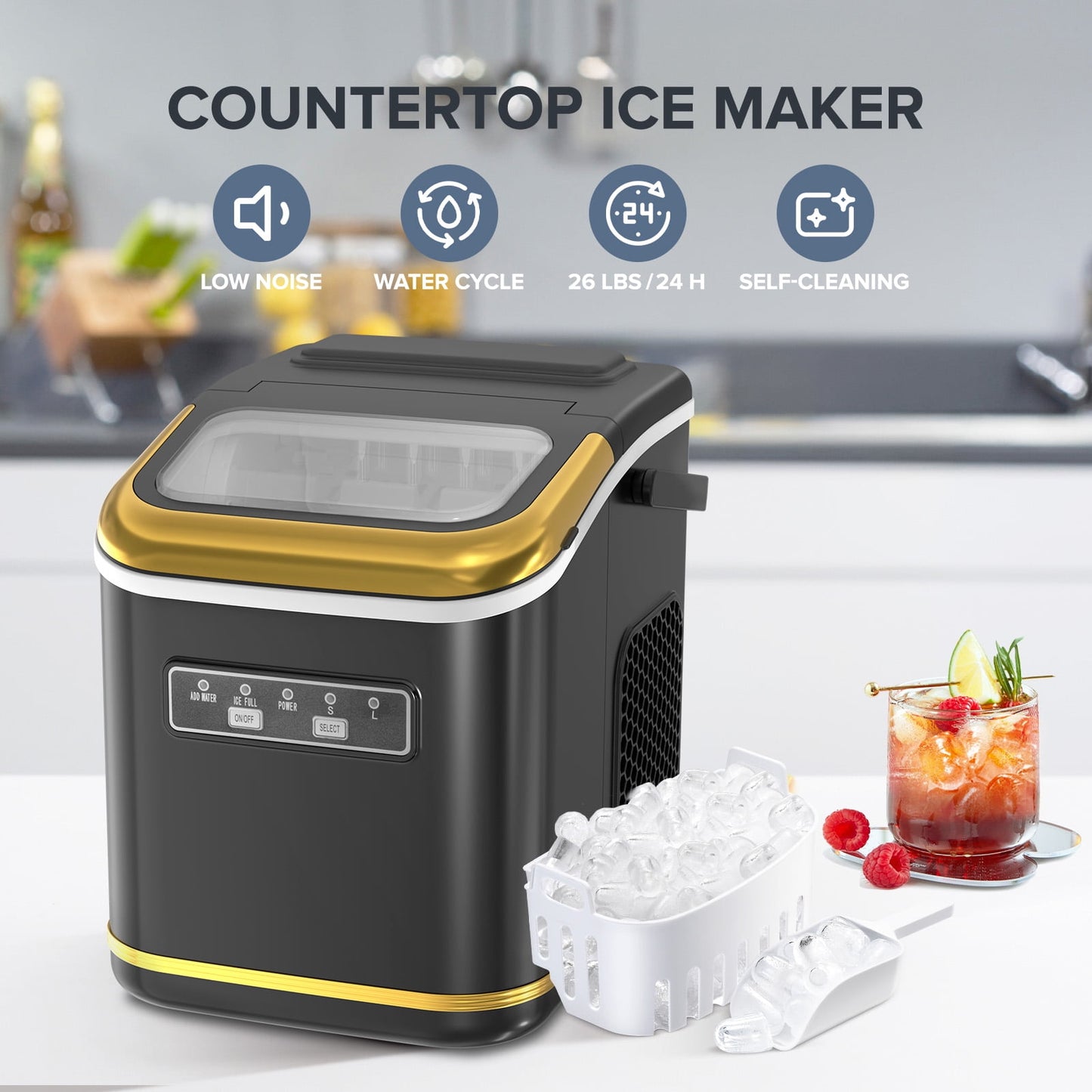 Auseo Countertop Ice Maker Machine with Handle, 26lbs in 24Hrs, 9 Ice Cubes Ready in 6-13 Mins, Auto-Cleaning Portable with Scoop Basket, for Home/Kitchen/Camping(Black)