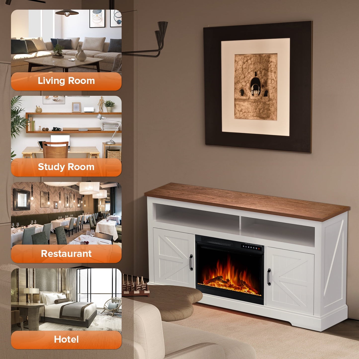 Auseo 60'' Electric Fireplace Mantel，Remote Control, Adjustable LED Flame, 750W/1500W Free Standing Fireplace（White）