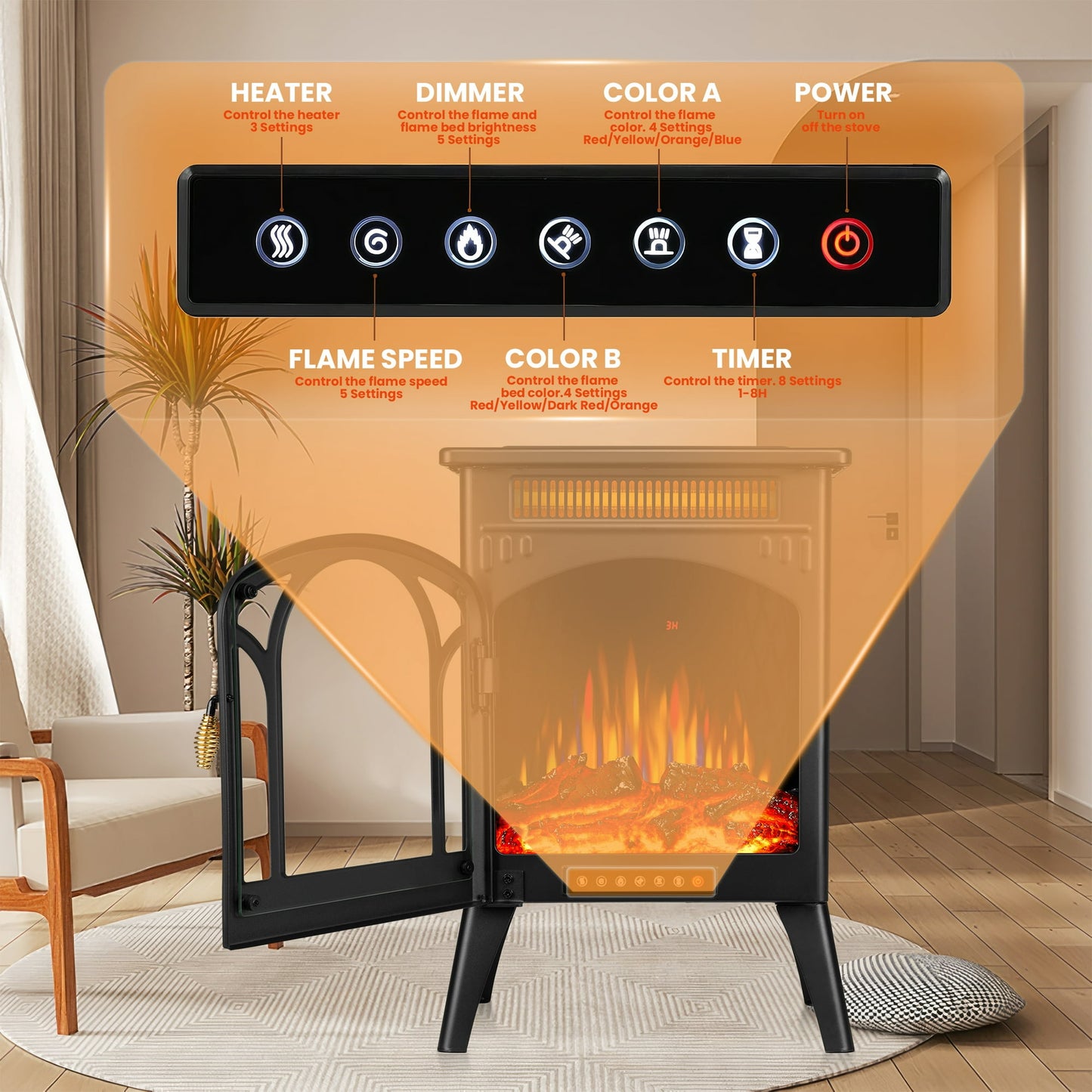 Auseo Electric Fireplace Heater 16" with 3D Realistic Flame Effect, Freestanding Fireplace with Remote Control, Timer, Different Flame Color,2 Heating Modes 500W/1500W, Black