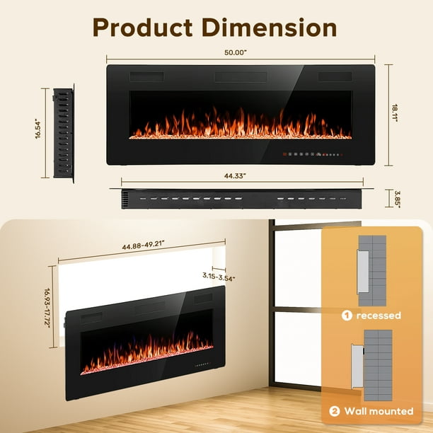 Auseo 50 inch Embedded Wall Mounted Indoor Electric Fireplace, Ultra-thin Low Noise Lightweight LED Fireplace Heater, Touch Screen, Timer, 1500W, Adjustable Flame Color and Speed, Black