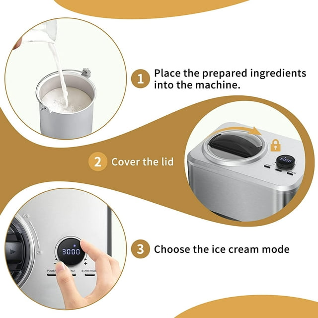 Auseo 1.5qt Compressor Ice Cream Maker - Electric Automatic, Keep Cool Function - No Pre-Freezing Required - Ice Cream, Gelato, Sorbet, Frozen Yogurt - No Salt Needed