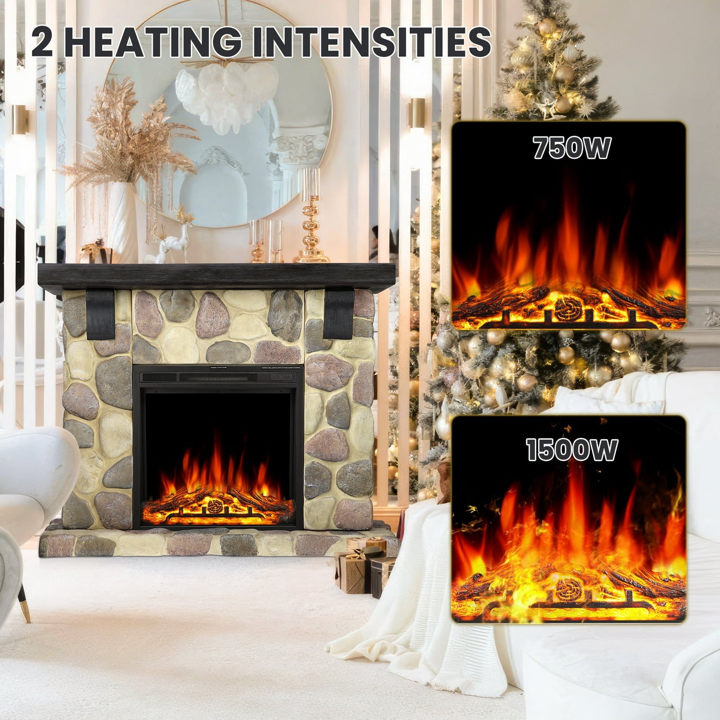 Auseo 48" Electric Fireplace Mantel Package, Freestanding Fireplace with TV Stand, Remote Control, Adjustable Flame Brightness, 750W/1500W